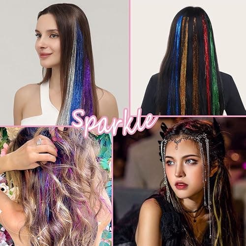 Hair Tinsel 12 Pcs Clip in Hair Tinsel Kit for Girls 22 Inch Glitter Fairy Tinsel Hair Extensions Colorful Heat Resistant Party Festival Accessories for Women (pink/multicolor-12 Pcs) thumbnail 7