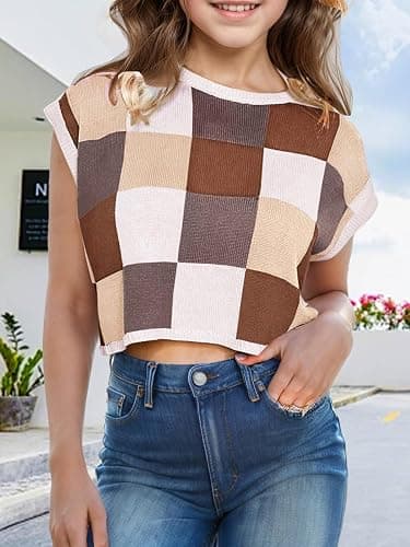 Girls Summer Sweater Vest Crop Tank Tops Cap Sleeve Colorblock Tee Shirts Cute Outfits Loose Kids Top thumbnail 2