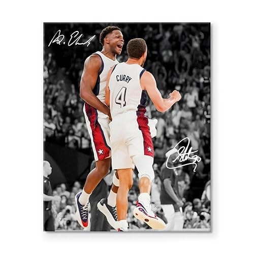 NBA Canvas Wall Art Decor - Anthony Edwards and Stephen Curry Team USA Celebration, Basketball Poster, USA Basketball Olympic Art Wall Decor, Gift for NBA Fans 16X20 inch thumbnail 2