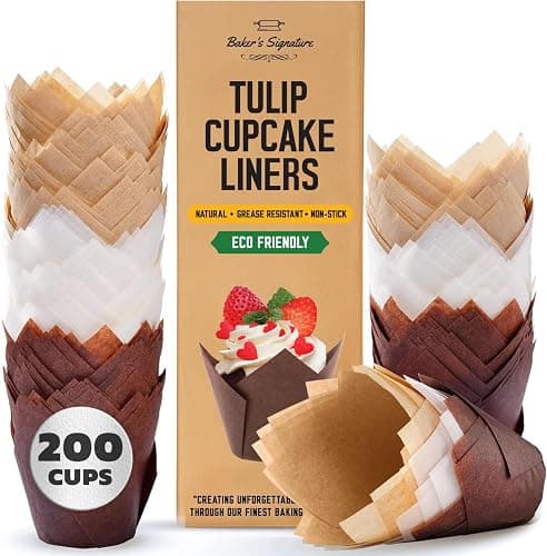 Tulip Cupcake Liners, Muffin Liners for Baking by Baker’s Signature 200pcs of Parchment Paper Cups Cupcake Wrappers – Perfect Size, Sturdy, Greaseproof & Easy to Use – Beige White Brown - Image 1