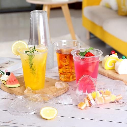 TashiBox Plastic Cups with Flat Lids 100 Sets 16 oz, Clear Crystal drink cups with lids thumbnail 6