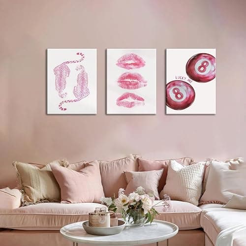 Framed Pink Preppy Canvas Wall Art Set of 3, Trendy Cheetah Pictures Wall Decor, Funky Lucky 8 Ball Coquette Lip Paintings Prints Y2K Girly Aesthetic Home Decor for Living Room Bedroom Dorm 12x16 inch thumbnail 3