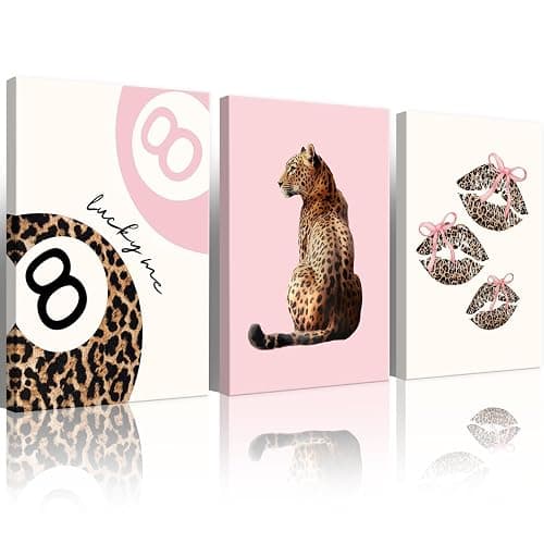 Set of 3 Coquette Pink Leopard Wall Art Trendy Lucky You 8 Ball Decor Posters Funky Cheetah Print Kiss Lips Canvas for Preppy Girly Y2k Room Dorm Home Apartment Bedroom Aesthetic 12x16in Framed - Image 1