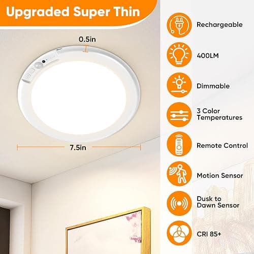 Rechargeable Motion Sensor Ceiling Light with Remote, Battery Operated Closet Light No Wiring, Wireless LED Shower Lights, 3 Colors Dimmable Indoor Overhead Lamp for Closet Shower Pantry Shed Hallway thumbnail 2