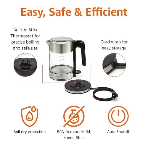 Amazon Basics Electric Kettle with Glass Carafe for Tea and Coffee, Fast Boiling, Auto Shut-Off, Boil-Dry Protection, Temperature Control, Removable Filter, 1 Liter, 1500W, BPA-Free thumbnail 3