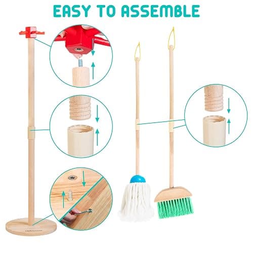 HELLOWOOD Kids Cleaning Set, 8 Pcs Wooden Housekeeping Play Set Includes Broom Mop Duster Dustpan Brushes Rag and Organizing Stand, Cleaning Toys Gift for Toddlers Girls Boys Age 3-6, Solid Beech Wood thumbnail 4
