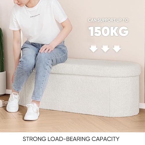 Bonlife Folding Ottoman Storage Bench,Boucle Footstool Oval, End of Bed Stool, Ideal for Living Room, Bedroom, 100L Storage Space,White,110x38x38cm thumbnail 7