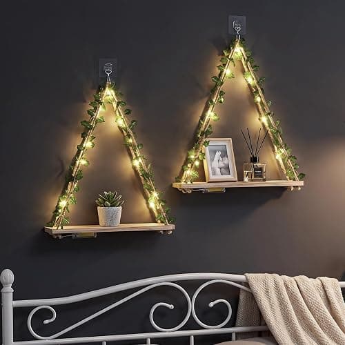 RICHER HOUSE Artificial Ivy LED-Strip Wall Hanging Shelves, Macrame Shelf for Bedroom Bathroom Living Room Kitchen, Wood Hanging Plant Shelves for Wall Décor thumbnail 4