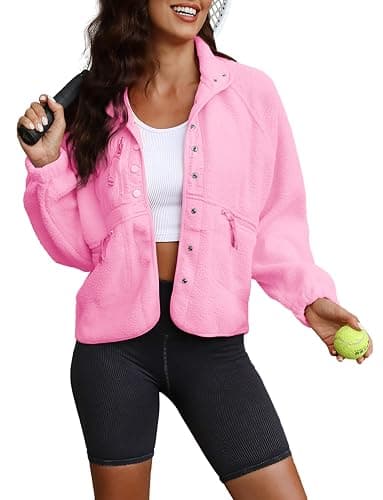 ReachMe Womens Sherpa Jacket Casual Lapel Button Down Cropped Fuzzy Fleece Jackets Long Sleeve Winter Coats with Pockets thumbnail 4
