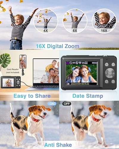 Digital Camera, FHD 1080P Point and Shoot Camera for Kids Teens, 32GB Card | Compact Small Vlogging Camera, 16X Zoom Anti-Shake Filters Date Stamp, Easy to Use, Gift for Boys Girls Starters, Deep Black thumbnail 5