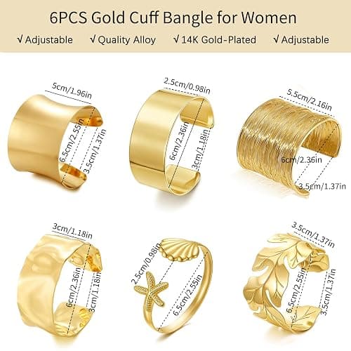COLOYAN 6PCS Gold Cuff Bangle Bracelets for Women | Sturdy Durable Open Gold Wrist Cuff Bangle,Boho Beach Style, Starfish Shell Leaf Design, Dresses, Vacations, Nights out thumbnail 4