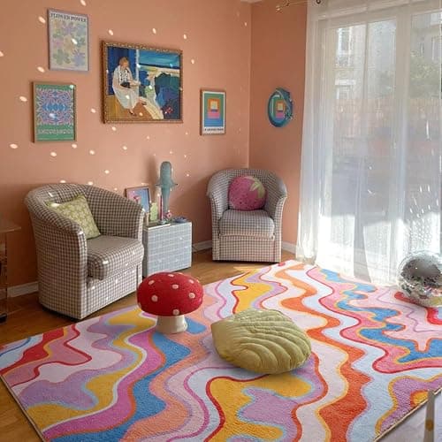 Aldopein Vintage Abstract 4x6 Area Rug Ultra Thin Flatweave Funky Aesthetic Colorful Striped Bedroom Rug Washable Throw Carpet for Kitchen Entryway Nursery Living Room, Orange and Blush thumbnail 2