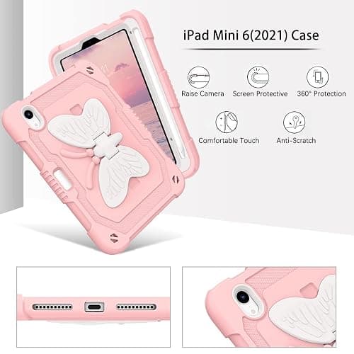 DUEDUE Case for iPad mini 7 (A17 Pro) 2024,iPad mini 6 Case 2021, Butterfly Wings Kickstand with Pencil Holder Shockproof Protective Tablet Case for iPad mini 7th/6th Gen Kids, Beige/Pink thumbnail 3