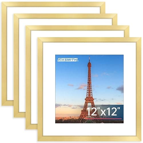 FIXSMITH 12x12 Picture Frame Gold Set of 4, Photo Frame with HD Plexiglass, Display Pictures 8x8 with Mat or 12x12 Without Mat, Natural Picture Frames Collage Wall Decor, Gallary Wall Frame - Image 1