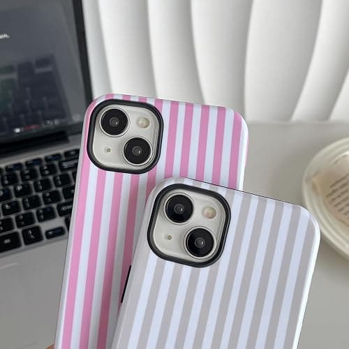 Longlayss Compatible with iPhone 14 Plus/15 Plus Case Cute Aesthetic Striped Phone Case for Women Girl Shockproof Slim TPU and Hard PC Protective Cover (Antique White) thumbnail 3