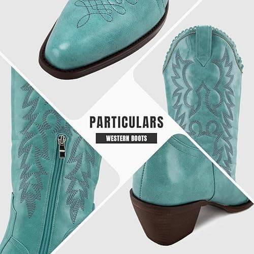 GORBINETI Women Cowboy Boots Mid Calf Cowgirl Western Boots Embroidered Suede Pull On Almond Toe Chunky Heel Turquoise 9 thumbnail 6