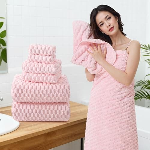 REDKISS Pink Microfiber Bath Towels Set of 6-35x70 Inches Oversized Bath Sheets, Extra Large Bath Towels Set of 6 for Adults, Super Soft Quick Dry Lint Free Absorbent Microfiber Shower Towels thumbnail 2