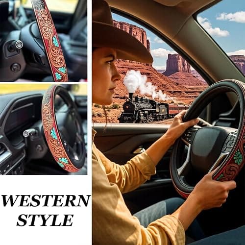 Western Steering Wheel Cover, Anti-Slip Universal Fit For Suvs/Trucks, Print Design, All-Weather Breathable Car Interior Accessory - Universal 15 Inch (C-3) thumbnail 4