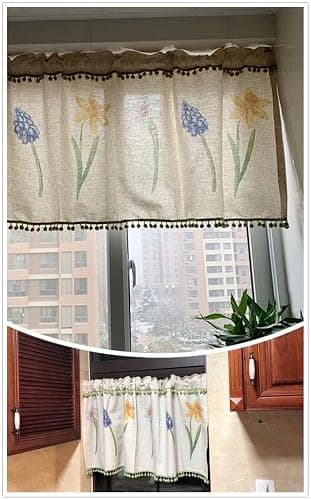 A.Monamour Rideau de Cuisine Court pour Petit Fenêtre Motif Jonquilles en Lin avec Pompon Rustique Maison de Campagne Rideau Brise-bise Rideaux à Disques Panneaux de Rideaux Cantonnières Demi Rideau thumbnail 6