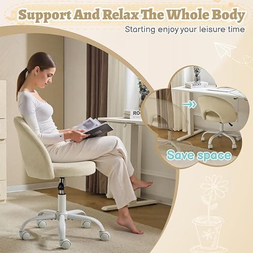 VINGLI Small Vanity Chair with Wheels for Girls.Cute Modern Adjustable Height Armless Office Desk Chair.360°Swivel Comfy Rolling Chair for Study, Make up Room,Small Space,Linen Light Yellow thumbnail 5