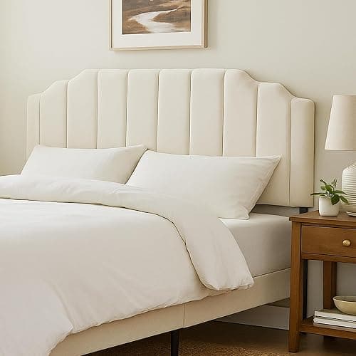 YI DANICA Upholstered Headboard for Full/Queen Beds - Arched Headboard Wall Mount & Bed Frame Mount, Adjustable Height, Velvet Tufted Modern Vertical Channel Design (Beige, Queen (U.S. Standard)) - Image 1