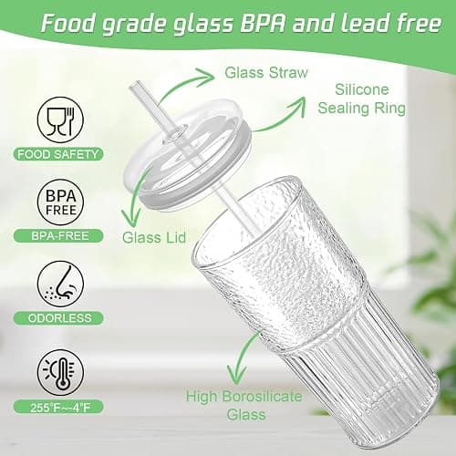 Luiaiog Glass Cups with Lids and Glass Straws, High Borosilicate 20OZ Tumblers (2Pcs) for Coffee, Tea, Juice, Smoothies, Hot/Cold Drinks at Home, Office thumbnail 4