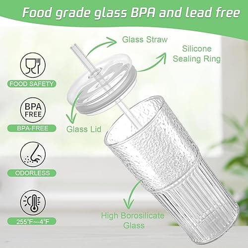 Luiaiog Glass Cups with Lids and Glass Straws, High Borosilicate 20OZ Tumblers (2Pcs) for Coffee, Tea, Juice, Smoothies, Hot/Cold Drinks at Home, Office - Clear 20oz thumbnail 4