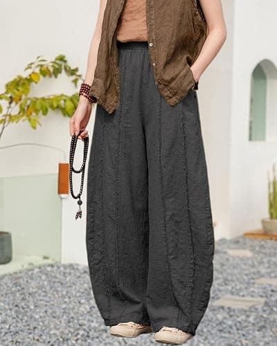 IXIMO Women's Linen Harem Pants Vintage Wide Leg Lantern Front Raw Frayed Patchwork Baggy Boho Lounge Trousers thumbnail 2