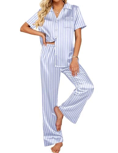 Ekouaer Silk Pajamas for Womens Set 2 Piece Fall Pjs with Pockets | Satin Short Sleeve Sleepwear, Soft Button Down Tops/ Wide Leg Pants for Lounging, Date Nights, Honeymoon, Bridal Wedding Day - Image 1