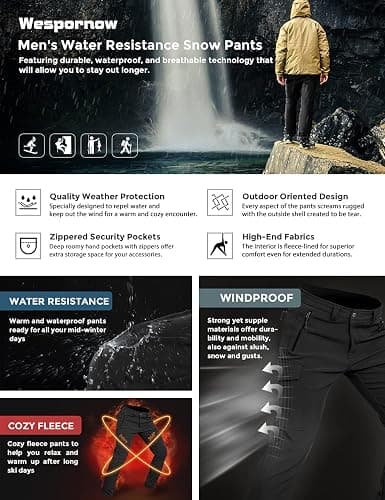 Wespornow Men's-Fleece-Lined-Hiking-Pants Water-Resistance-Snow-Ski-Pants Softshell Snowboarding Pants for Winter, Outdoor thumbnail 3