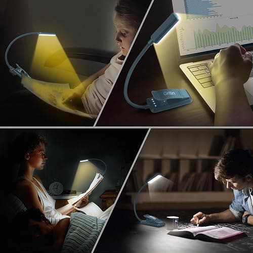 Gritin 9 LED Rechargeable Book Light for Reading in Bed - Eye Caring 3 Color Temperatures,Stepless Dimming Brightness,80 Hrs Runtime Small Lightweight Clip On Book Reading Light-Pacific Blue thumbnail 7