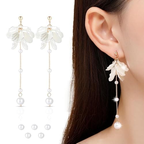 KRUCKEL White Pressed Flower Dangle Earrings | Golden Studs with Pearl like Drops | Hypoallergenic, Lightweight Jewelry for Women | Sparkle at Birthday, Anniversary, Graduation, Wedding thumbnail 7