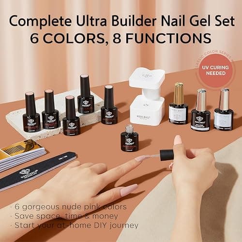 Modelones 8-in-one Nail Builder Gel Kit, 6 Colors Clear Pink Builder Gel with Mini Nail Lamp& Forms Set, for Nails Extension Strengthener Base thumbnail 2