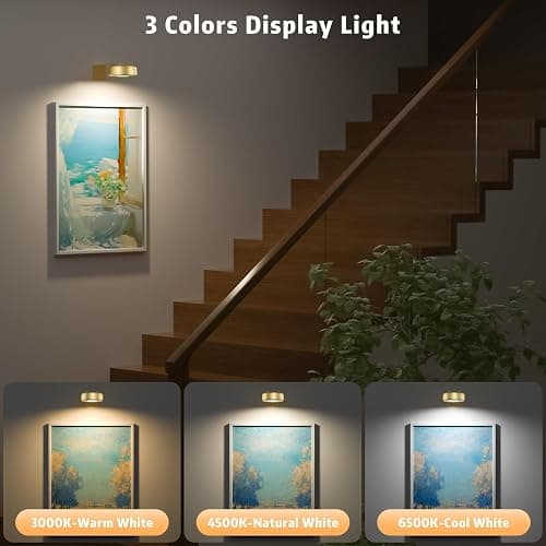 3PCS Picture Lights, Rechargeable Battery Wall Light for Paintings, 3 Colors Paintings Light Dimmable and Timer Metal Art Light for Display, Wall, Artwork, Gallery (Gold) thumbnail 5