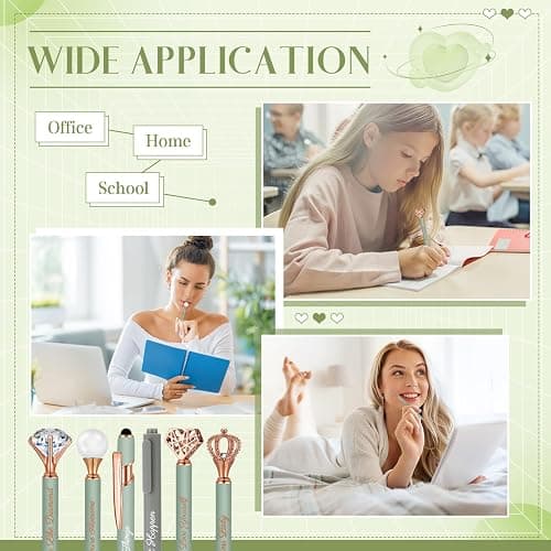 Qeeenar 6 Pcs Fancy Pens for Women Crystal Diamond Pen for Journaling Pretty Glitter Ballpoint with Box Inspirational Gifts for Women Girls College Students Cute Back to School Gifts (Sage Green) thumbnail 6