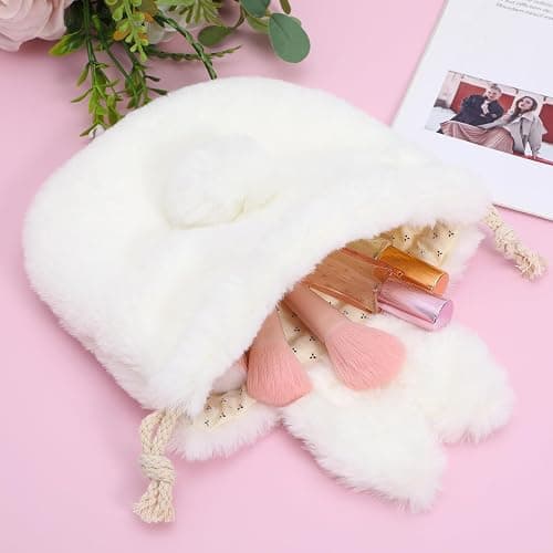 Luxshiny Plush Bunny Ears Drawstring Bag: Soft Plush Bag Cute Bunny Makeup Pouch for Travel and Daily Use, Beige White Cosmetic Pouch Fluffy Purse for Girls thumbnail 8