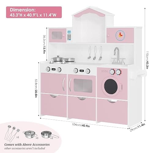 Keyluv Wooden Play Kitchen for Kids and Toddler, Montessori Toy Kitchen Playset with Plenty of Pretend Play Features and Storage Drawers, Gift for Boys and Girls, Pink thumbnail 2
