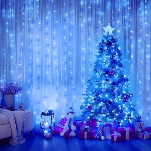 Minetom Curtain Lights, 300 LED Dimmable Fairy Lights with Remote and Timer, 8 Modes, USB Powered String Lights for Room Wall Party Xmas Indoor Decor, Blue & White - Blue & White - 1 Pack thumbnail 2