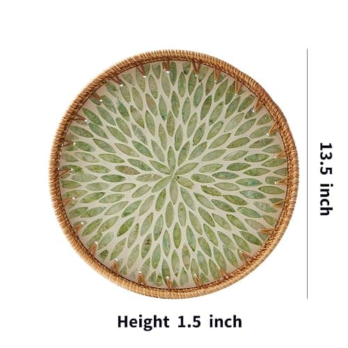Round Rattan Tray with Mother of Pearl Inlay, Rattan Serving Tray with Wooden Base, Decorative Wicker Basket for Table Decor, Storage and Display of Coffee Bread Food Fruit (Leaf 13.5") thumbnail 3