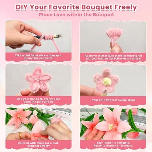600 PCS Pipe Cleaners Craft, 6 Colors Pipe Cleaner Bulk Flower Kit, Chenille Stems Bulk with Floral Wires, Gardening Tape, Stamen, Wrapping Paper & Ribbon, DIY Art and Craft Supplies - Pink Gradient thumbnail 6