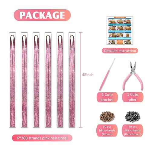 Pink Fairy Hair Tinsel Kit 48 Inches 1200 Strands with Tools and Instruction Easy to Install Glitter Tinsel Hair Extensions for Women and Girls，Shinny Sparkling Braiding Hair Accessories for Halloween Cosplay Party thumbnail 4
