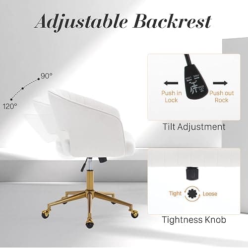 HENGJIANYI Home Office Swivel Desk Chair, Modern Velvet Vanity Chair, Height Adjustable Armchair with Gold Base, Ergonomic Office Chair for Task Study Computer Room, Beige thumbnail 6