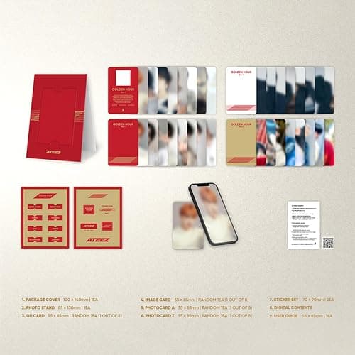 ATEEZ GOLDEN HOUR : Part.1 POCAALBUM Ver. Package Cover + Photo Stand + QR Card + Image Card + Photocard + Sticker Set + Digital Contents + User Guide + 2 Pin Badges + 4 Extra Photocards thumbnail 3