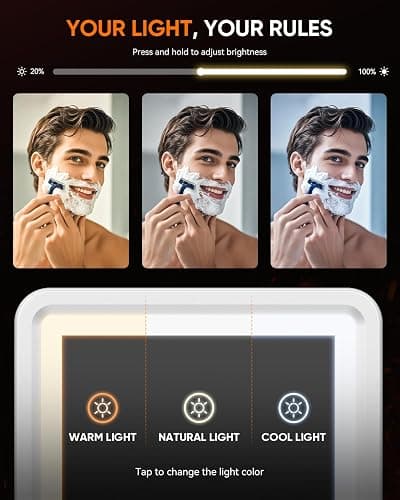 Heated Shower Mirror Fogless for Shaving 2025 New, 3 Colors Stepless Dimmable Lights Anti Fog Shower Mirror, Fog Free Mirror for Shaving with Razor Holder for Men, NO-Drilling, Removable - White thumbnail 6
