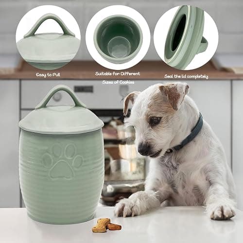 NIXBYO Large Dog Treat Container Airtight, Cute Dog Treat Jar with Lids,Rustic Dog Treat Storage Container, Ceramic Cat Food Jars for Kitchen Counter, Green thumbnail 5