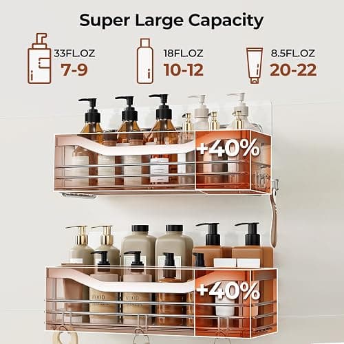 Orimade Shower Caddy Basket Shelf with 5 Hooks Adhesive Organizer Storage Rack Rustproof Wall Mounted Stainless Steel No Drilling for Bathroom, Toilet, Kitchen - 2 Pack thumbnail 6