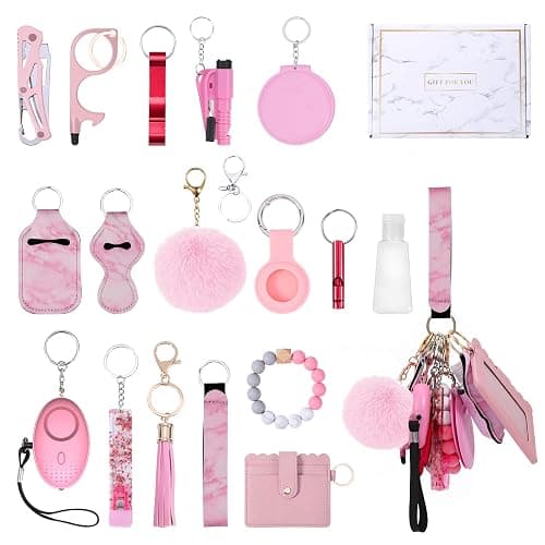 Ankilo Upgraded Safety Keychain Set for Women, Wristlet Strap Keychain with Personal Alarms, Mirror, Pom Pom, etc. (18PCS) - Pink - Image 1