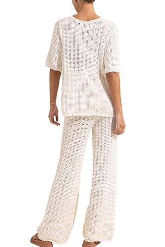 Imily Bela Women's Summer 2 Piece Swimsuit Cover up Crochet Knit Cardigan Tops Long Pants Set Bathing Suit Beach Outfit thumbnail 5