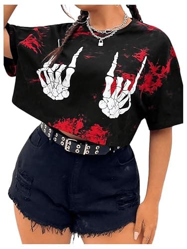 SOLY HUX Women's Plus Size T Shirt Tie Dye Skull Graphic Print Half Sleeve Tee Crop Tops - Image 1