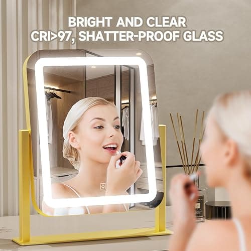 PRIMETEK Vanity Mirror with Lights, 16"x14" Large LED Lighted Makeup Mirror, Hollywood Makeup Mirror, Touch Screen, 3-Color Lighting, 5X Magnification, for Vanity Desk Tabletop, Bedroom, Gold thumbnail 2